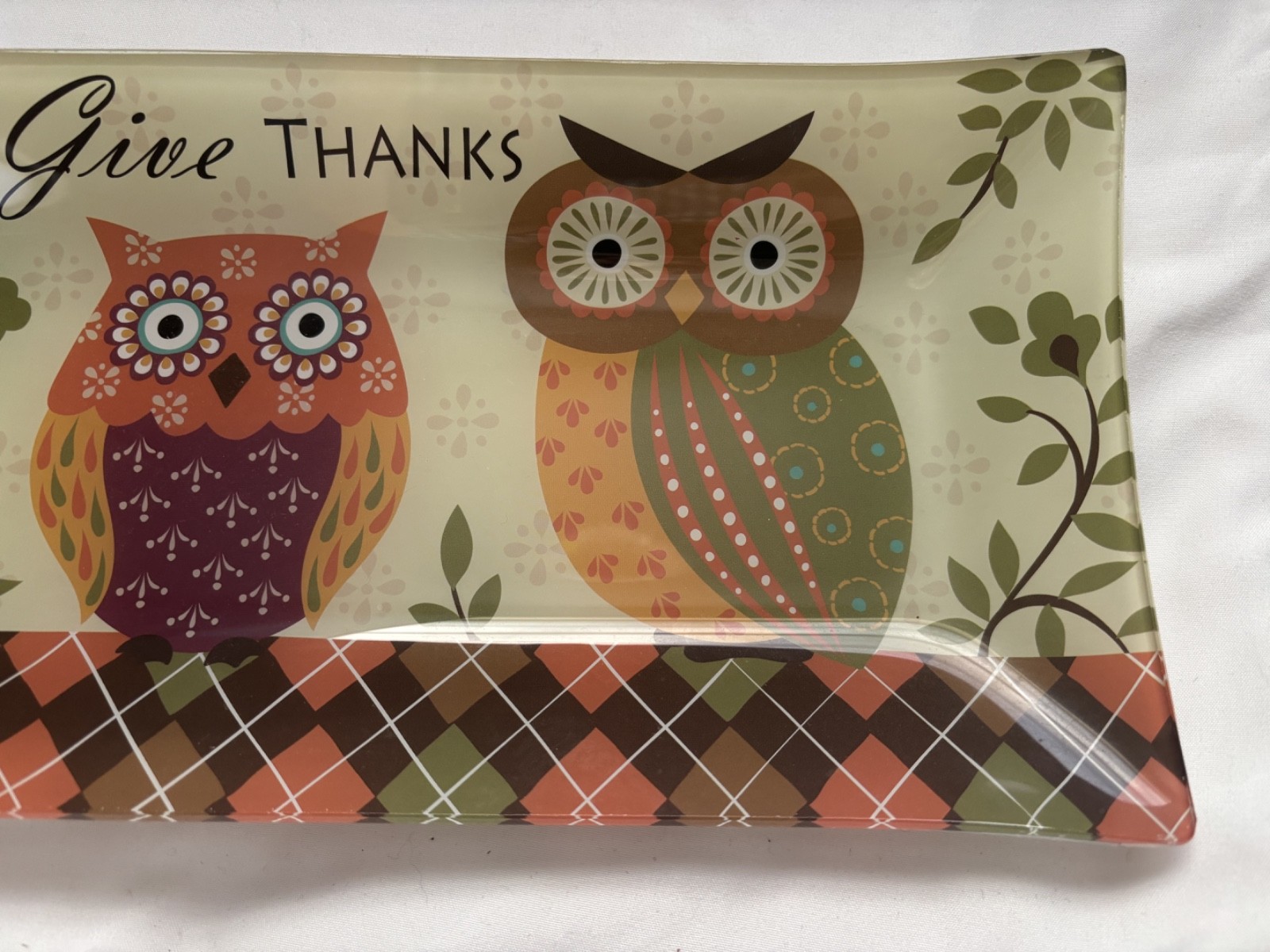 Hobby Lobby Autumn “Give Thanks” Decor Tray Owls 14 1/4″L X 6″W X 1″H.