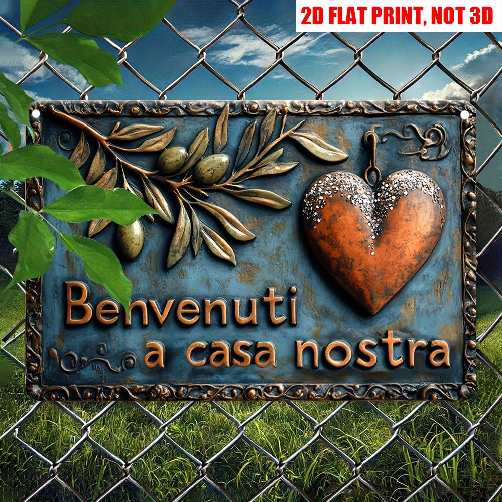 Vintage Italian Benvenuti a Casa Nostra Metal Sign Olive Branch Heart Home Decor