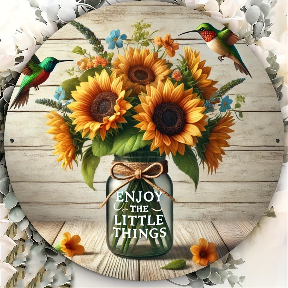 Sunflowers And Hummingbirds 2D Wall Art: Tin Metal Signs 8X8 Inch (20X20Cm) with