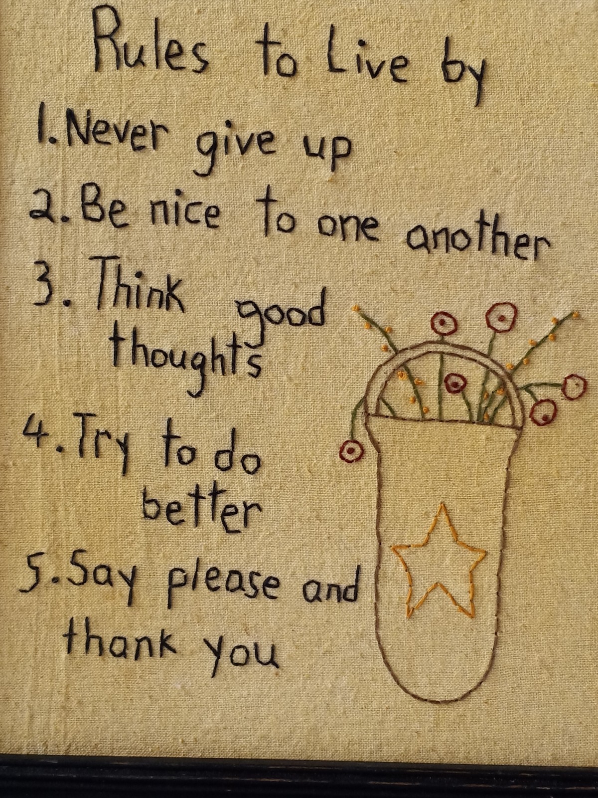 Framed Embroidered Stitcheries Sign – Rules To Live By Wall Hanging Decor. #R
