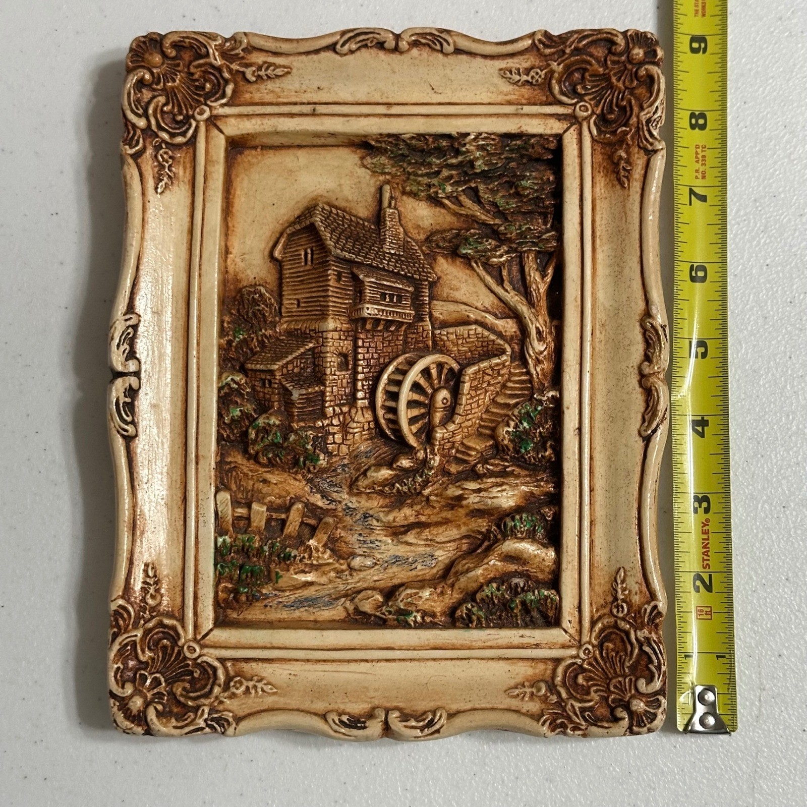 Vintage 3D Relief Water Mill Wall Plaque Ornate Frame Resin Landscape Cream 8.5″