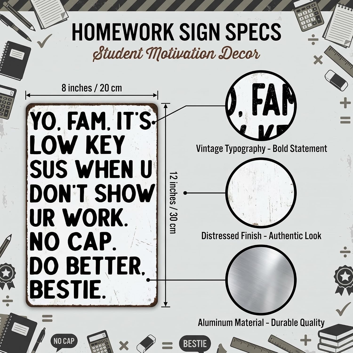 Funny Classroom Tin Sign: ‘It’s Low Key Sus’ for Teachers & Students – 8×12 Inch