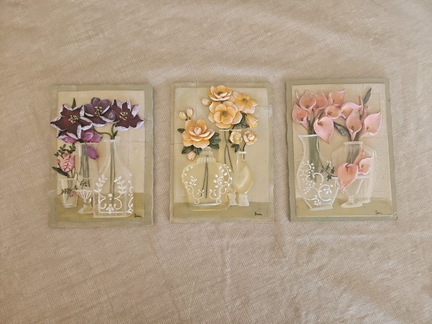 Set of 3 Vtg. Boem 3D Floral in Acrylics Vases on Wall Plaques 6-1/4″ x 4-1/2″