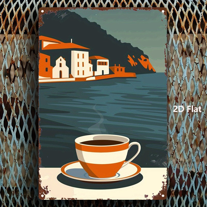 Square Metal Mediterranean Style Cup Art Sign, 8×12 Inches