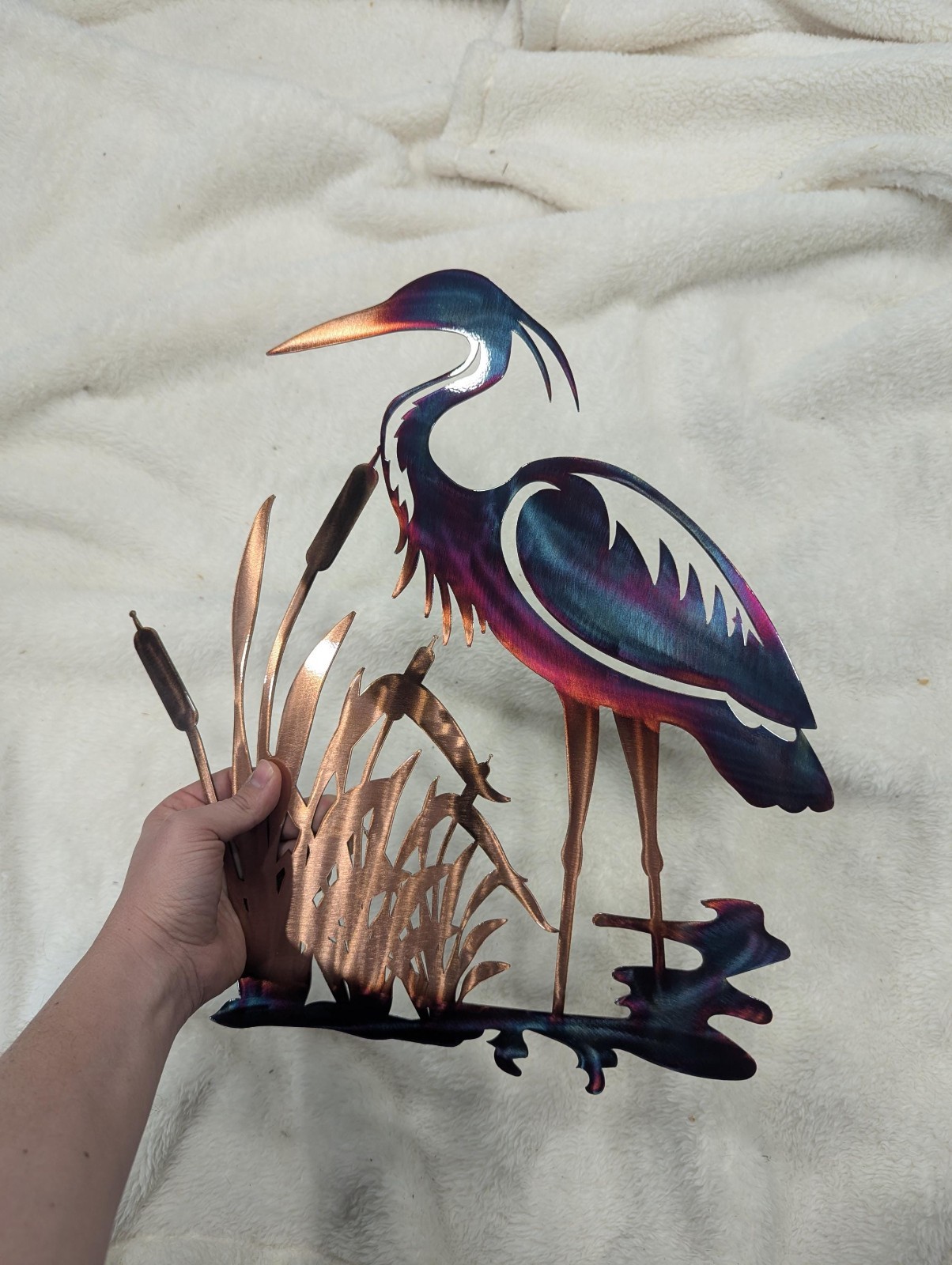 Heron and Cattails Scene Metal Art with Colorful Chemical Patina Home Decor