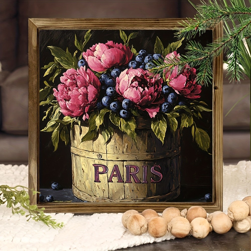Paris Peony Bucket Wooden Plaque French Cottagecore Floral Home Decoration Gift
