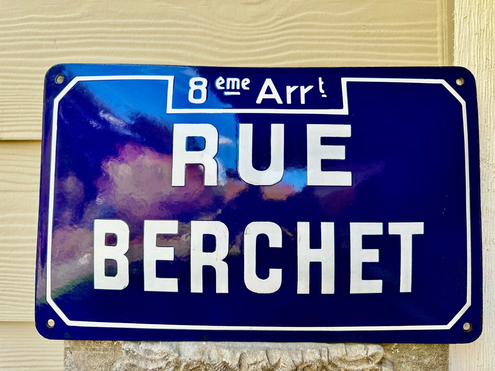 Vintage Blue & White Porcelain Enameled Metal Curved Street Sign from France