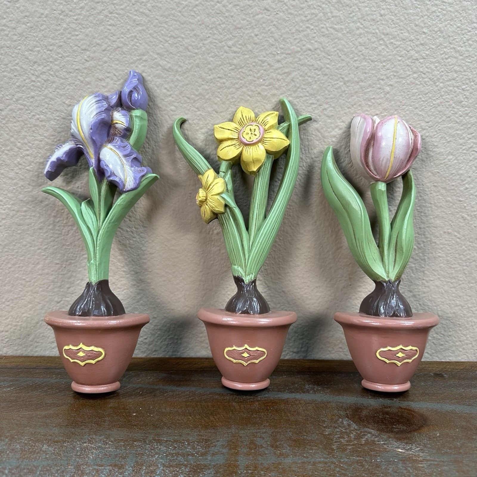 Vintage Homco Plastic Flower In Pots Wall Plaques / Wall Décor Made in USA 8”