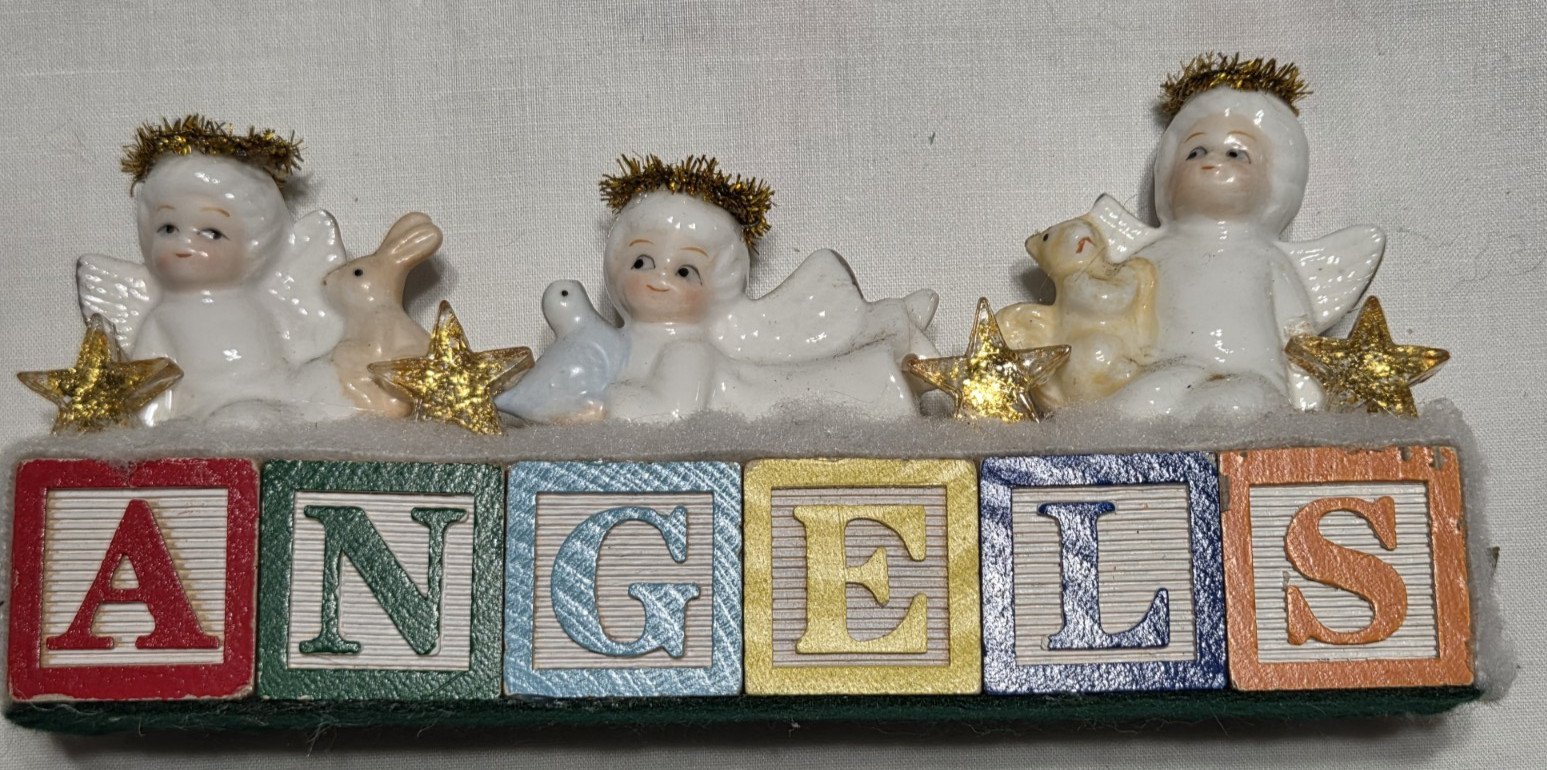 Vintage Handcrafted 7″ Angels Wood Block Sign Shelf Sitter One of a Kind OOAK