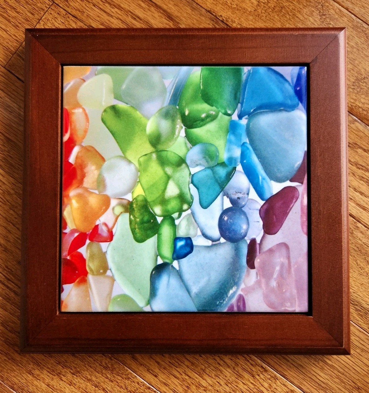Framed Rainbow Sea Glass Art Ceramic Tile Trivet 8.25″x8.25″ Wall Hanging NEW