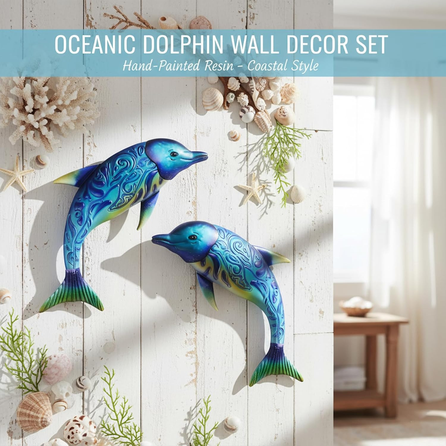 Ocean Dreams Metal Wall Art – (Dolphin) 2-Piece Handcrafted Iron Sea Creature Cu