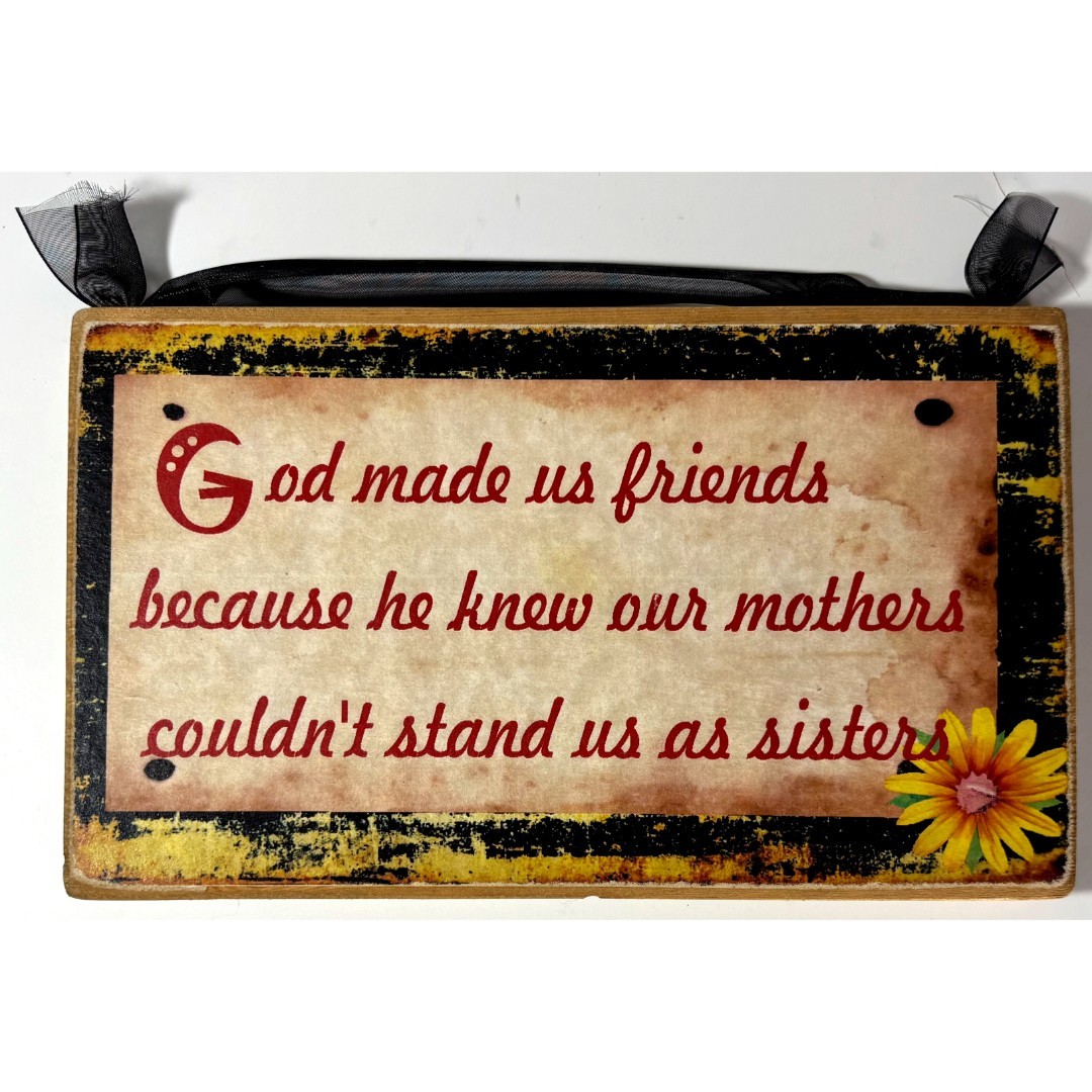 Vintage God Made Us Friends Wood Rectangular Plaque Flowers Floral Ready To Hang