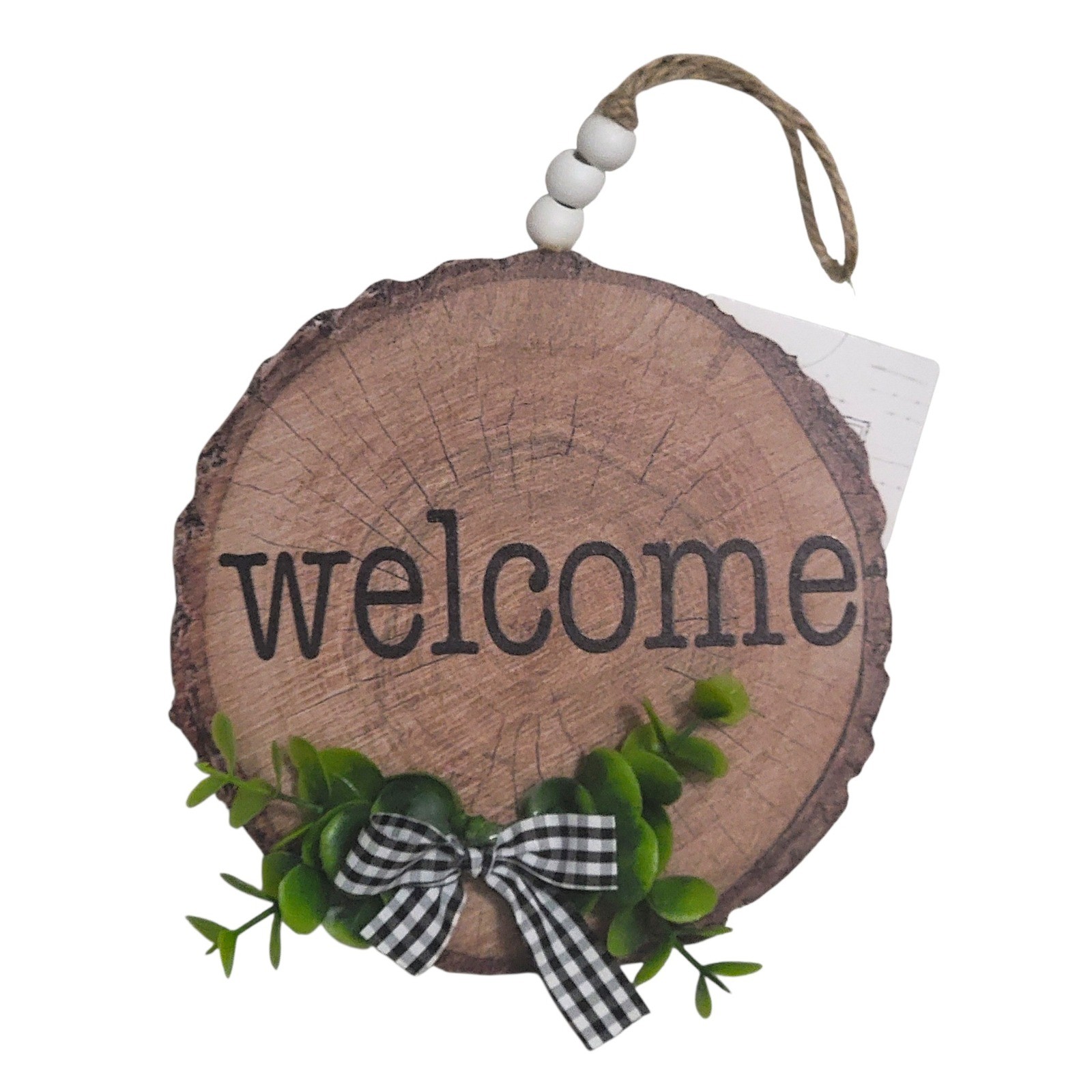 Rustic Farmhouse Welcome Sign Faux Wood Slice Gingham Bow Greenery Country Decor