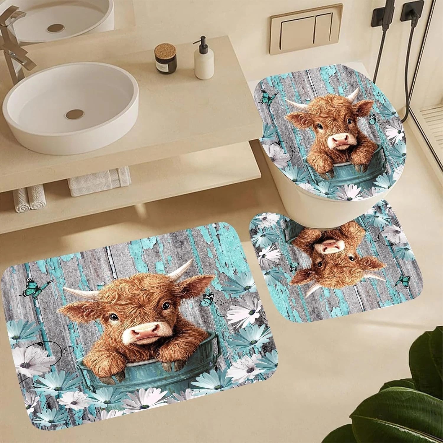 Highland Cow Bathroom Set – Farmhouse Decor 4 Pc//