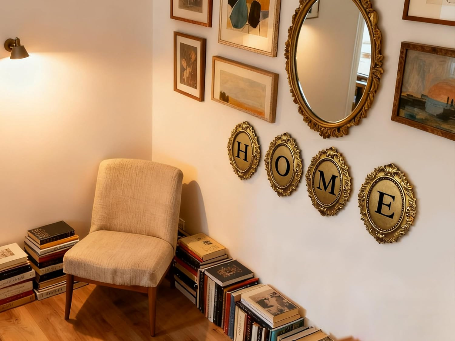Vintage HOME Sign Gallery Wall Decor – Letters with Gold Frame Wall Sculpture, A