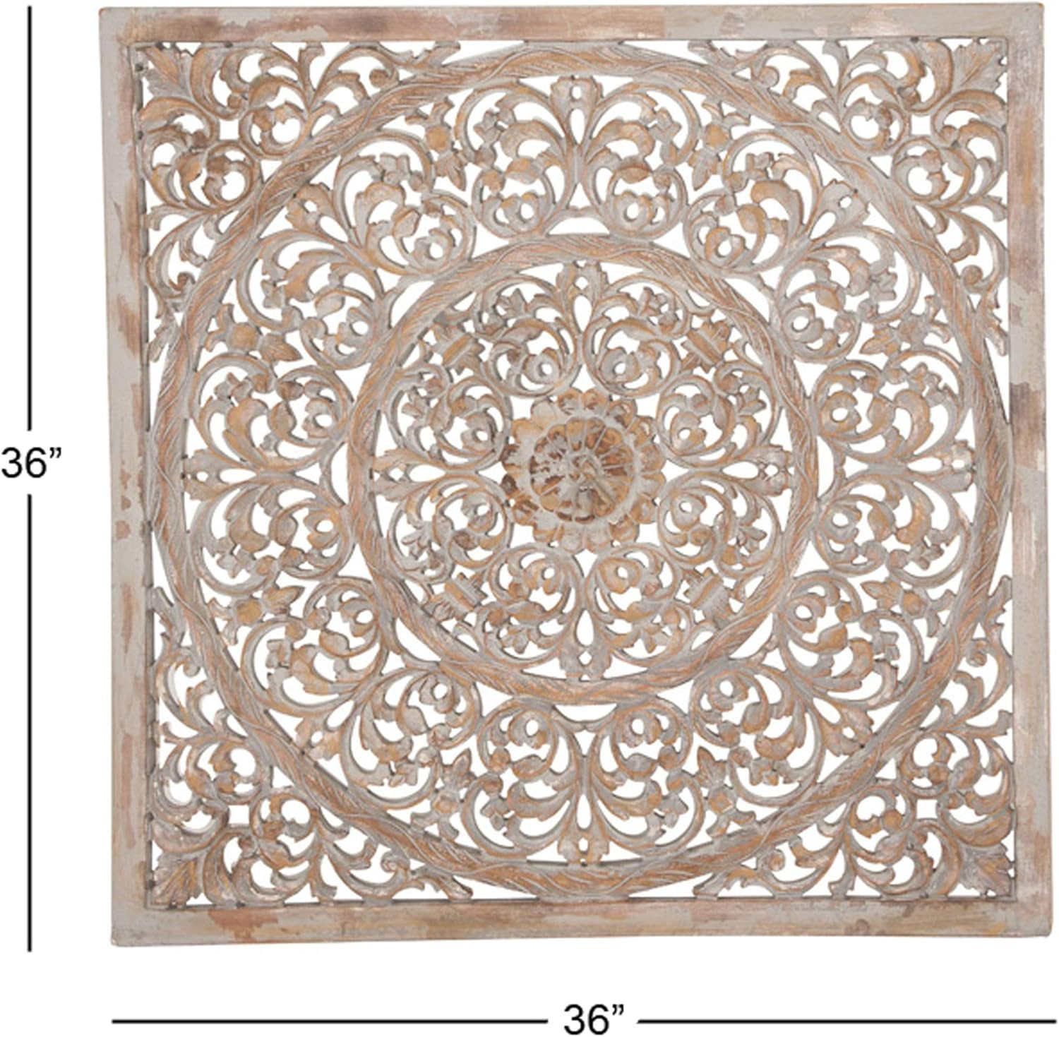 Handmade Wooden Floral Mandala Wall Art – 36″ Gray with Brown Distressing