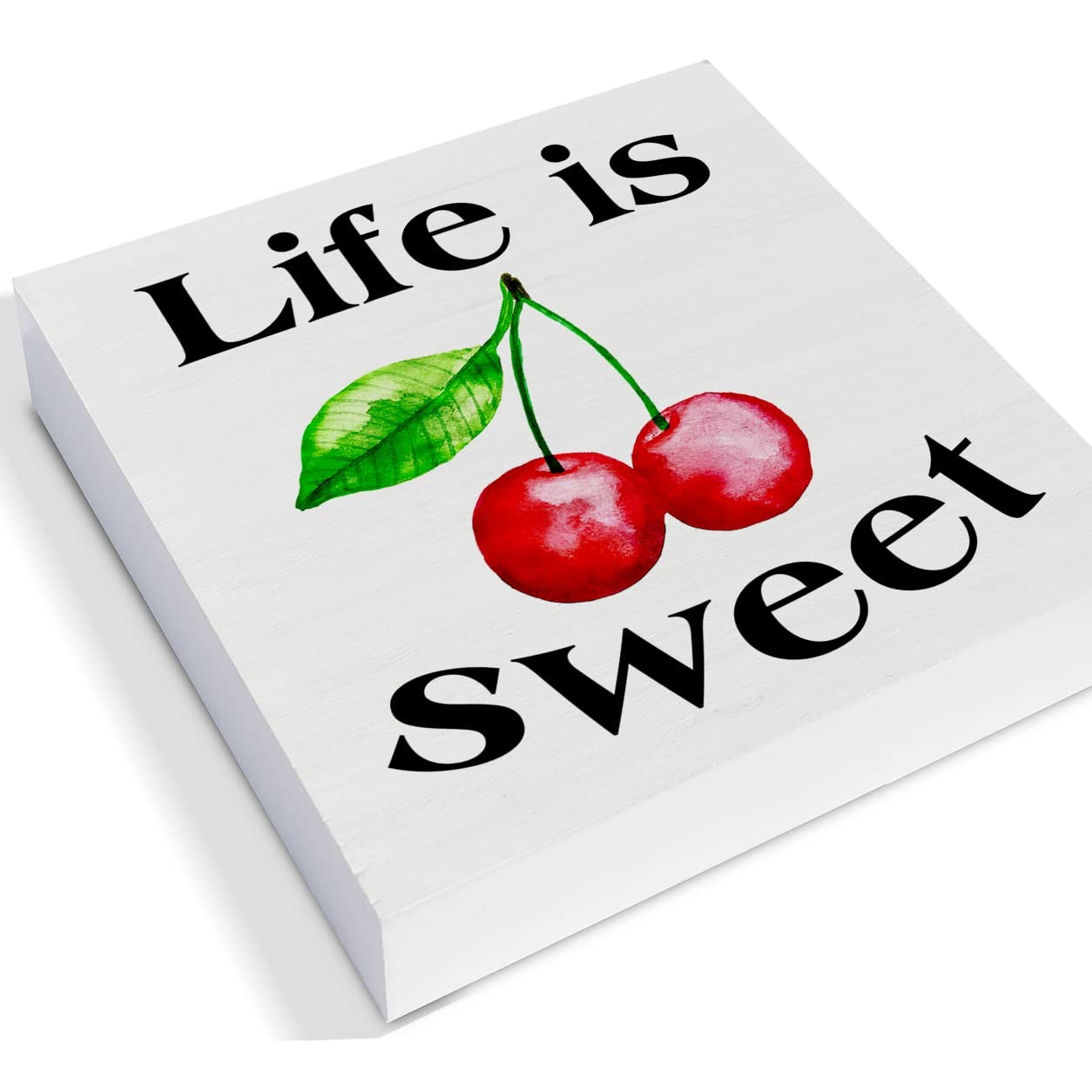 Summer Cherry Wooden Box Sign Life is Sweet Wood 5″L x 5″W, polychrome