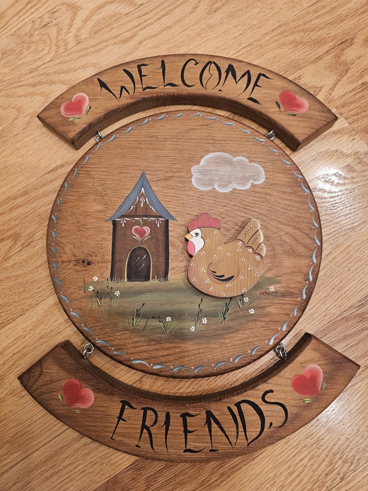 Vintage Welcome Friends Decorative Wooden Wall Sign Handmade Hen Hearts 15.5″