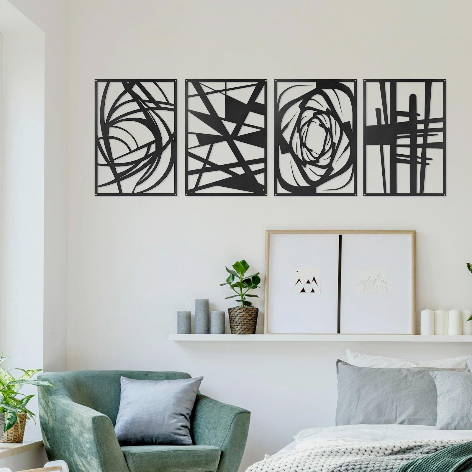 Black Abstract Metal Wall Art Set of 4 Matte 15.7×10.6