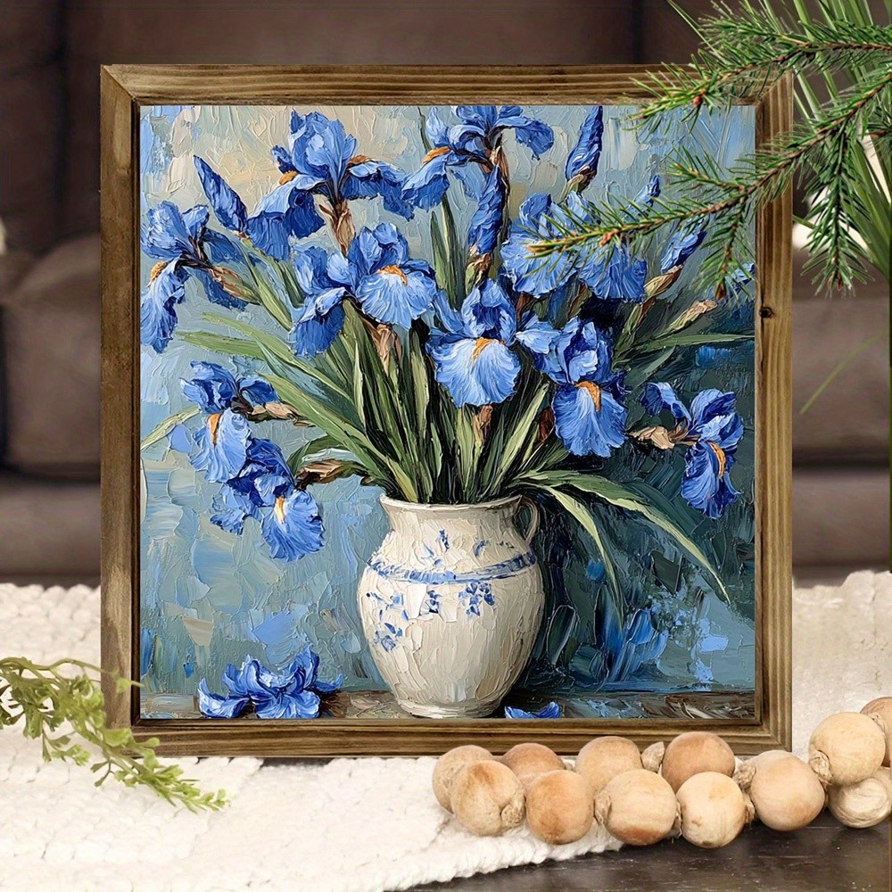 Blue Iris Flowers In White Porcelain Vase Impasto Floral Wooden Wall Art