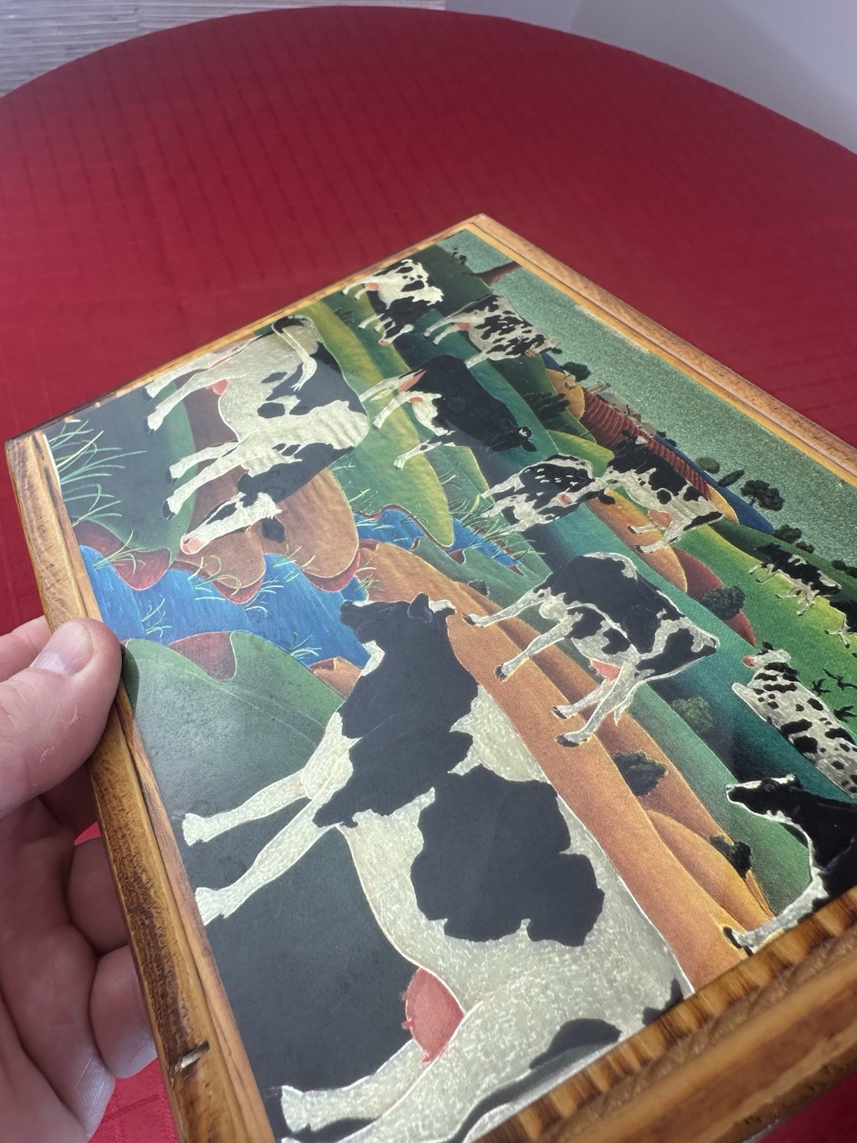 Vtg 1970s Embossed Foil Farm Cows Pastoral Landscape Wood Plaque 8.5×6.5