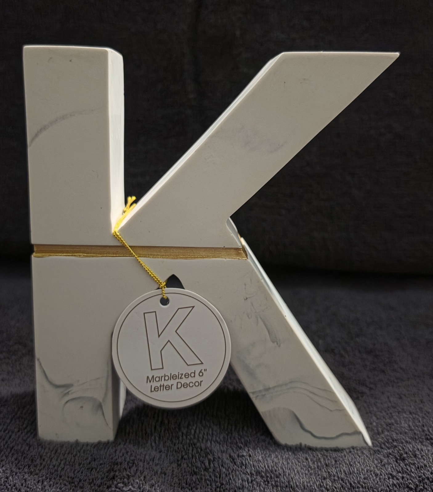 Marble Monogram Letter “K” Home Office Decor Gray/White, Gold Stripe Accent