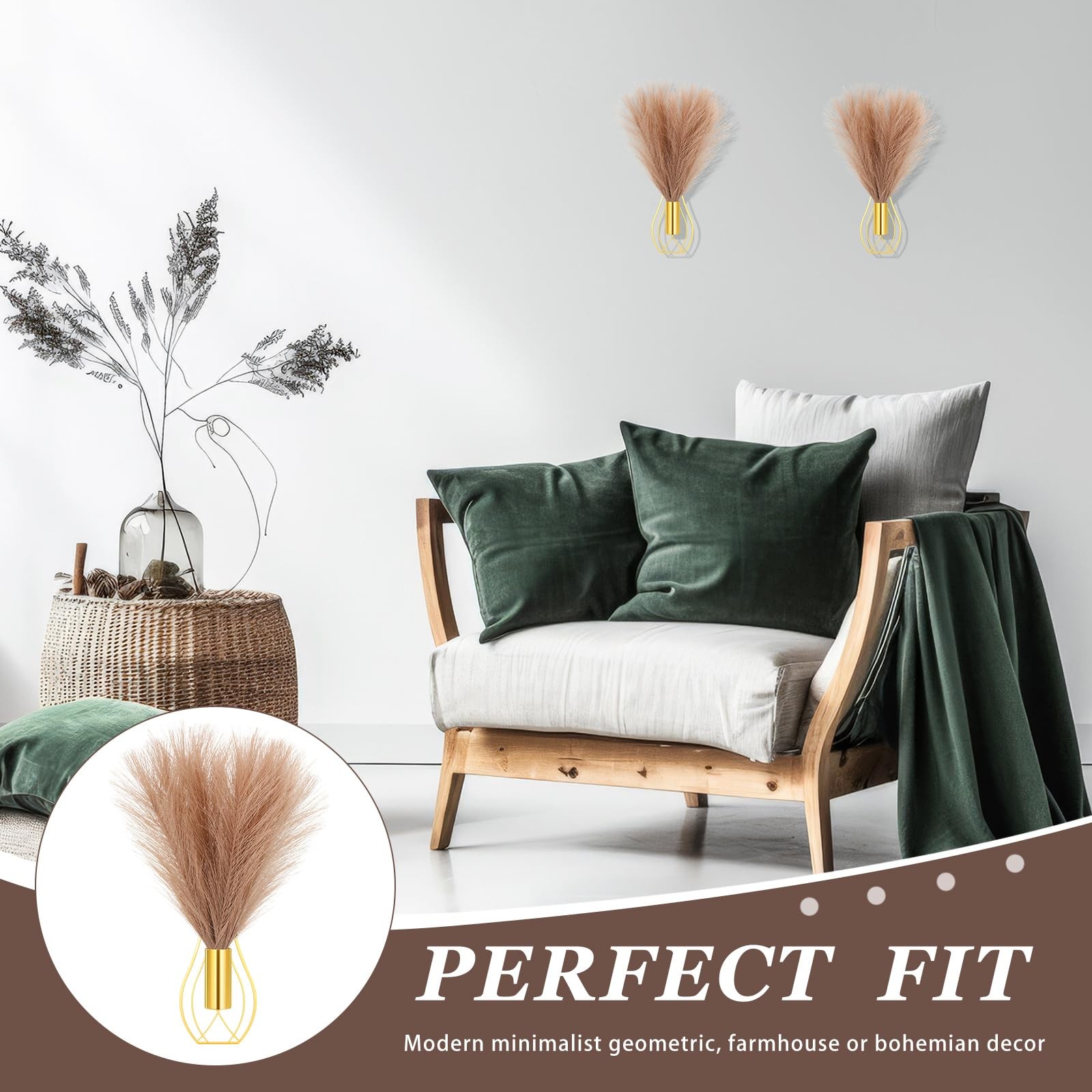 2 Pieces Hanging Plant Wall Decor with Artificial Pampas Grass Metal Hanging …