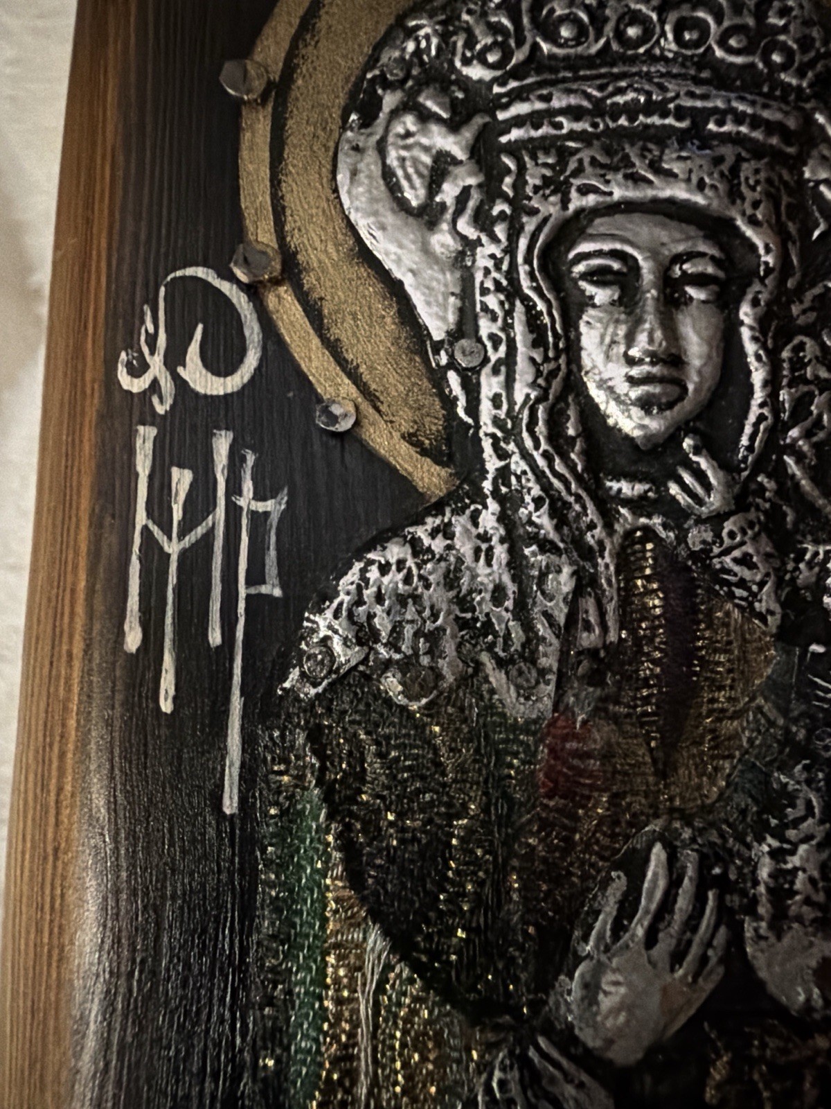Vintage Polish FOLKLOR Black Madonna Czestochowa Wood Icon Plaque Wall Art