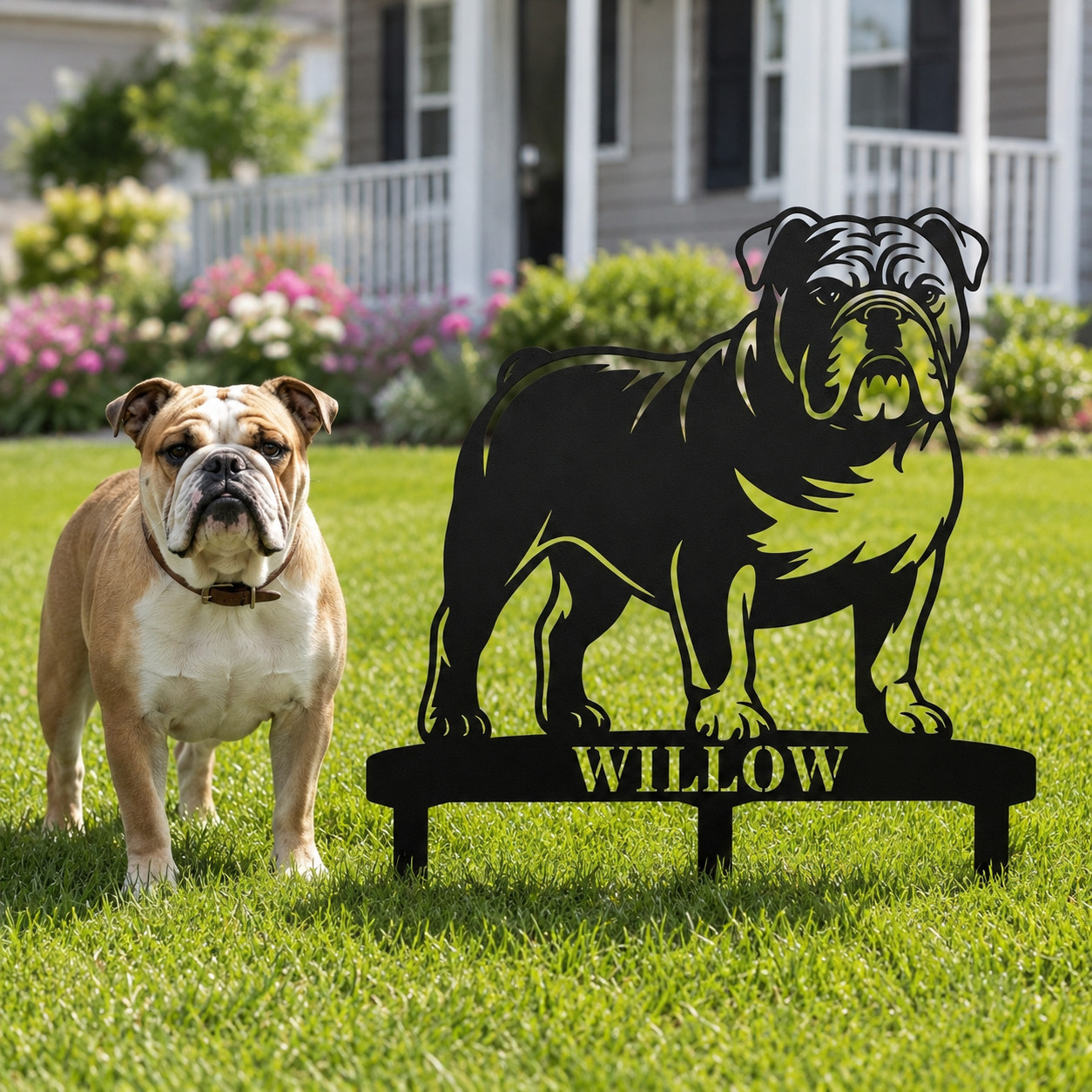 Personalized English Bulldog Garden Metal Sign With Stakes. Dog Lover Name Gift