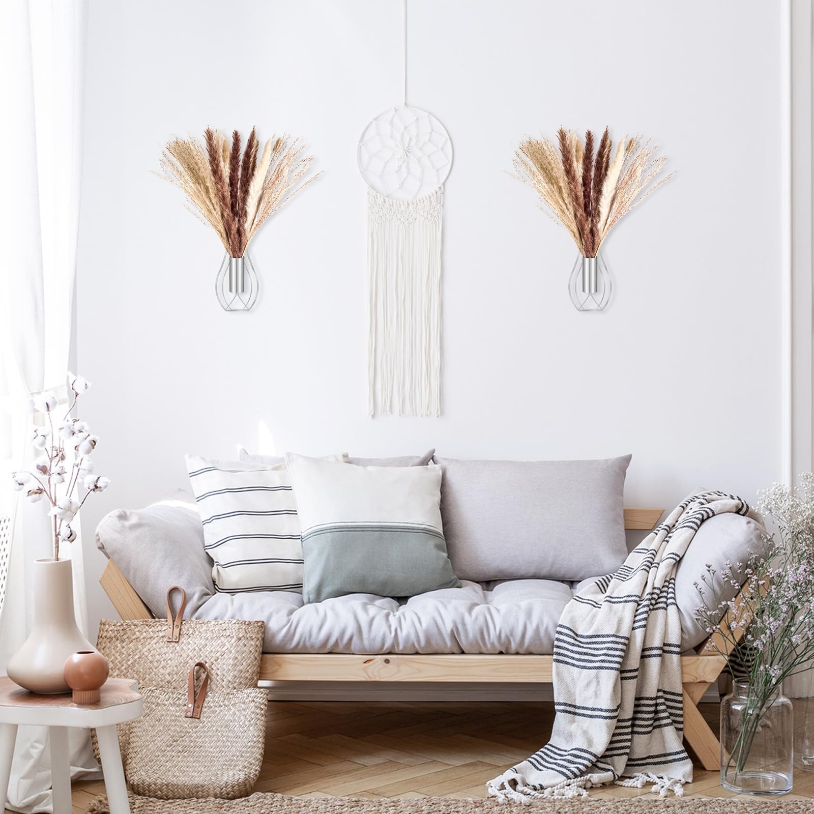 Boho Wall Decor Set of 2 – Metal Hanging Wall Art with Faux Pampas or Eucalyp…