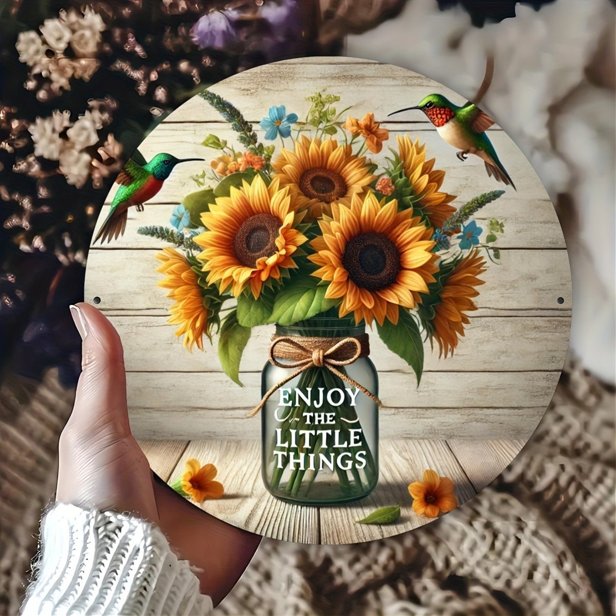 Sunflowers And Hummingbirds 2D Wall Art: Tin Metal Signs 8X8 Inch (20X20Cm) with