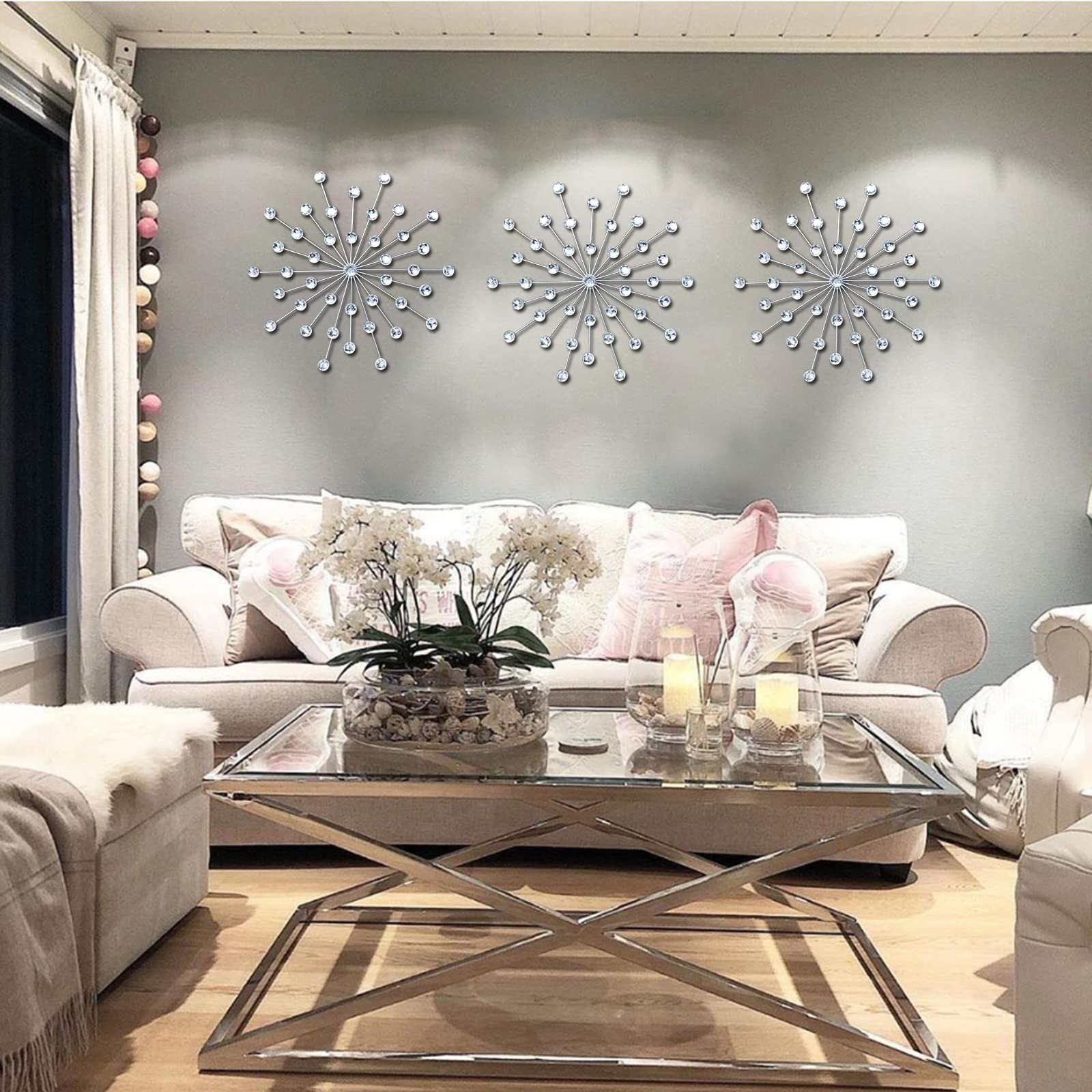 3 Set Silver Starburst Wall Art for Home Decor Metal Bling Crystal Rhinestone…