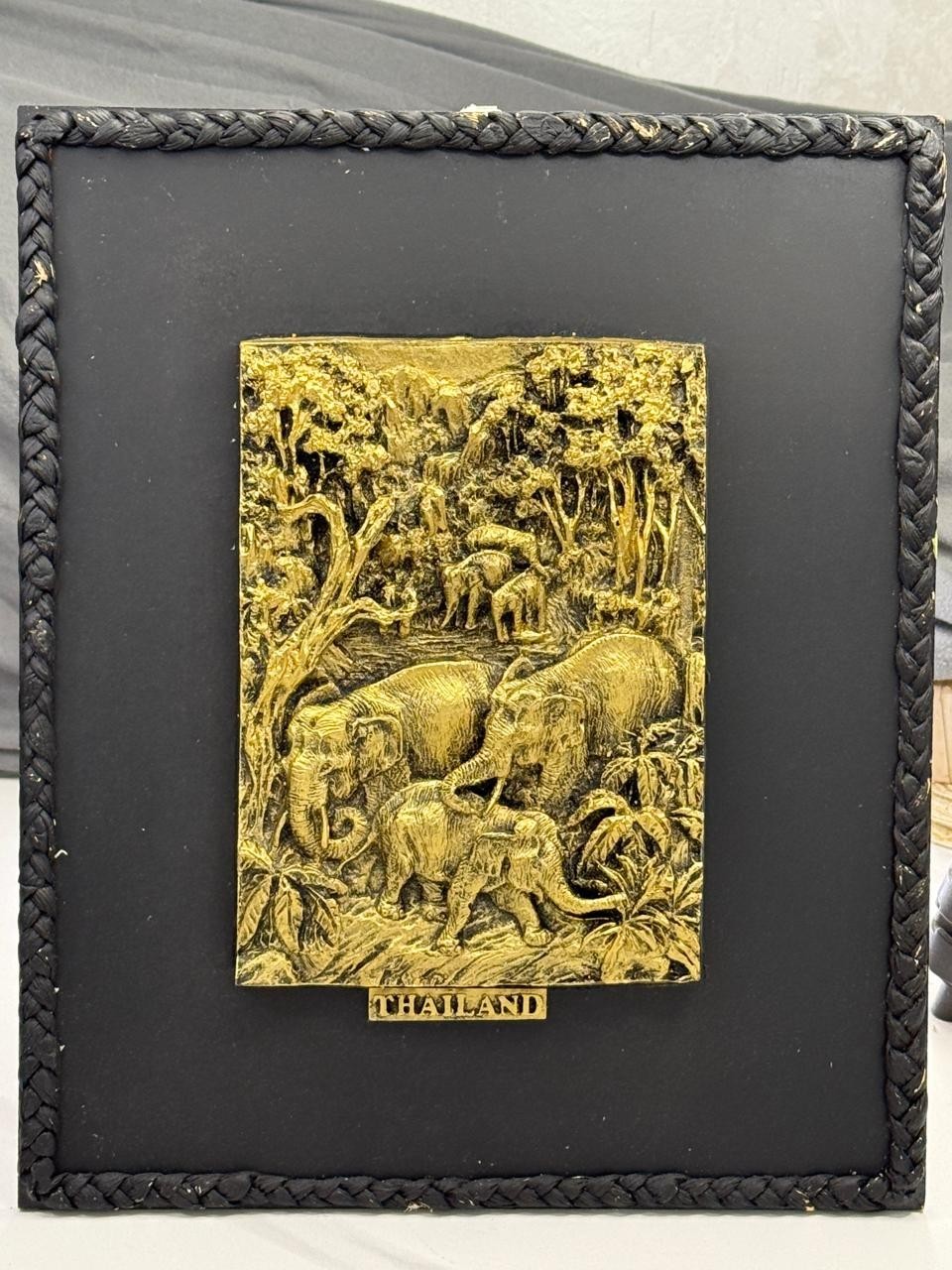 3D Gold Tone Elephant Jungle Relief Plaque Framed Art Thailand Souvenir Decor