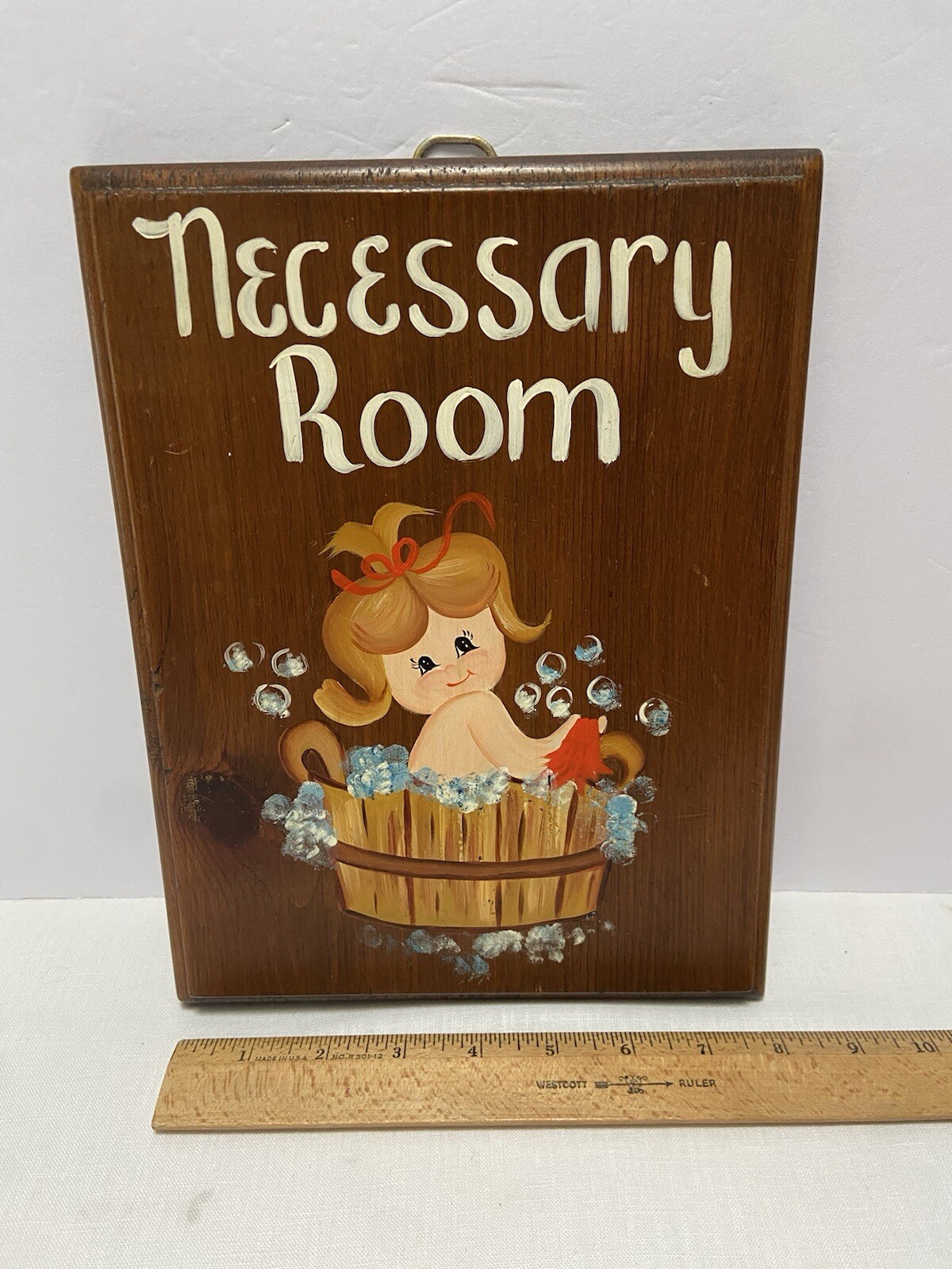 Wooden Hand Painted Wall Art Plaque Bathroom Girl Bubbles Necessary Room Boudoir