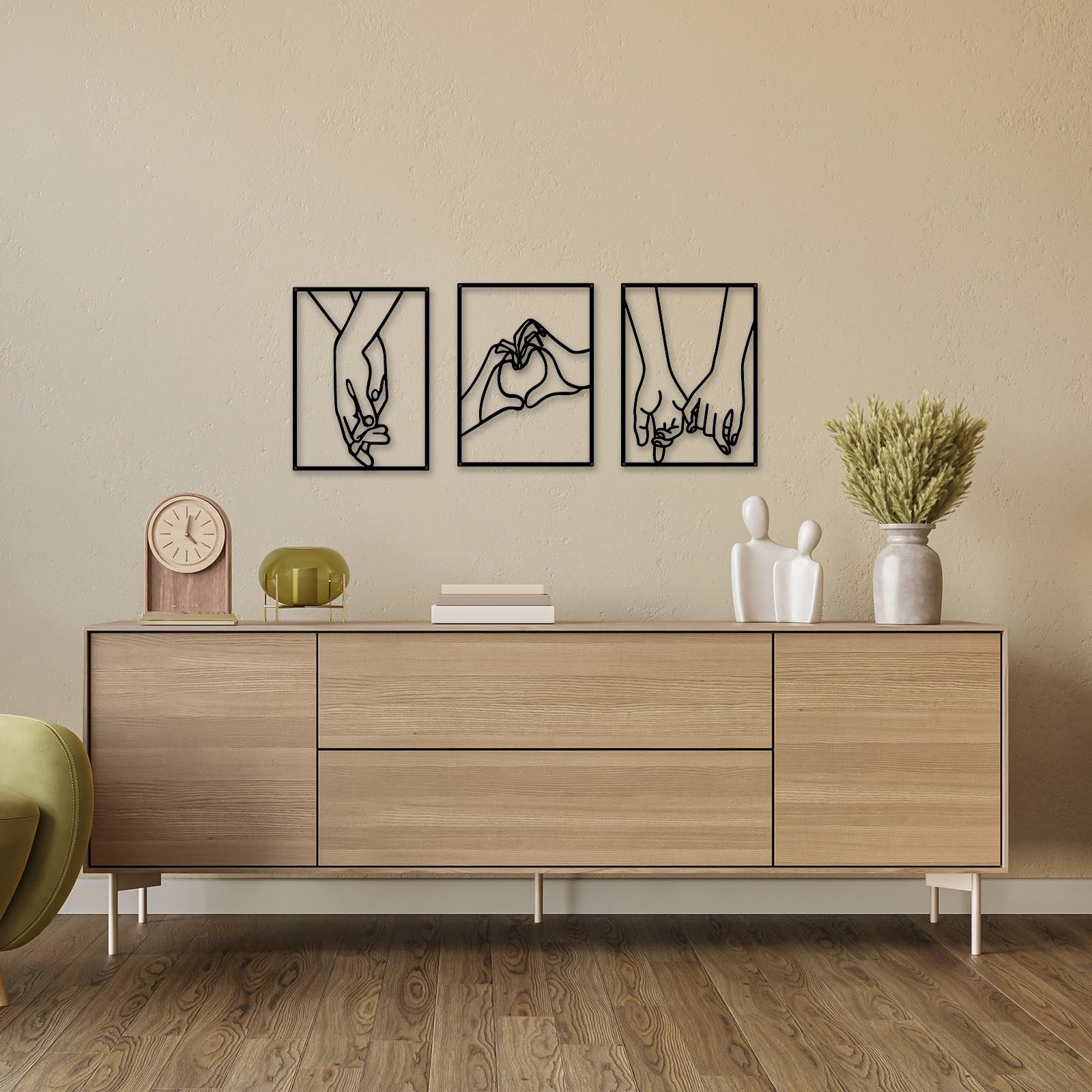 3 PCS Minimalist Heart Hands Black Metal Wall Decor Abstract Line Art Art