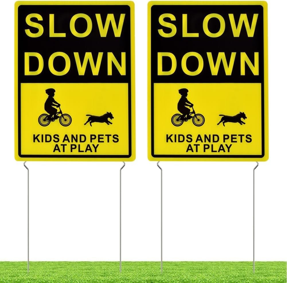 16 x 12 Inches Children at Play Yard Signs with Waterproof Metal Stakes – 2 Pack