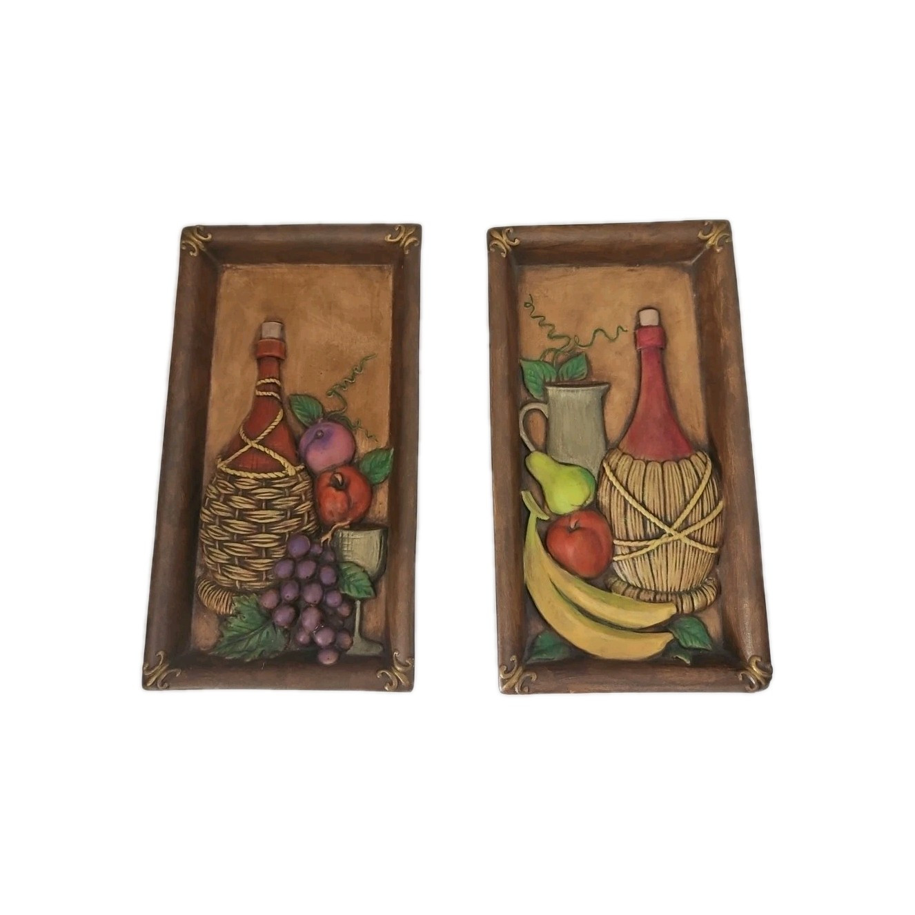 Ries Ceramic Fruit And Wine Wall Plaques Rectangular Pair 9 5/8″ × 5.25″ Painted