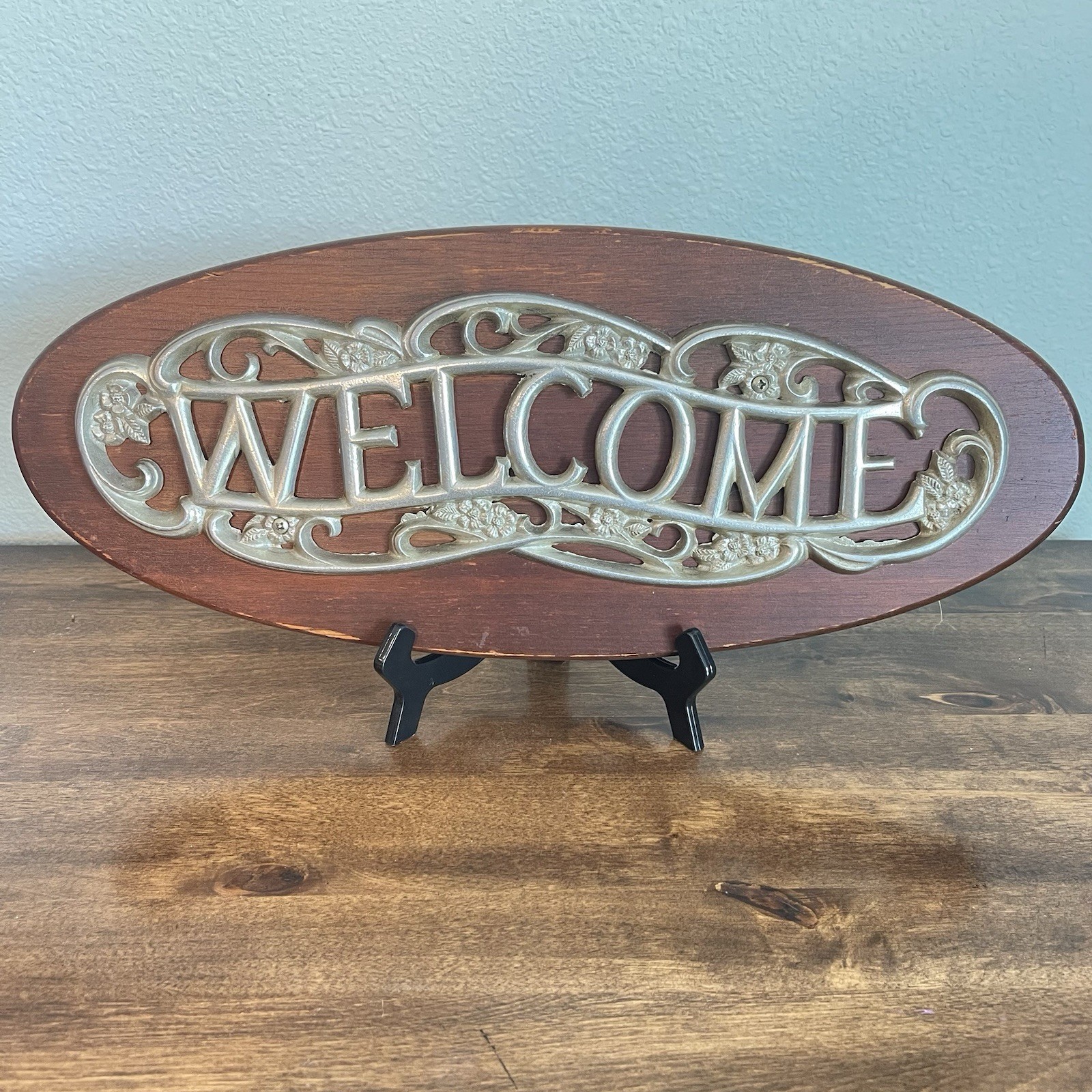 Vtg WELCOME SIGN Rustic Wood Metal Wall Hanging Plaque Farmhouse 17.5″