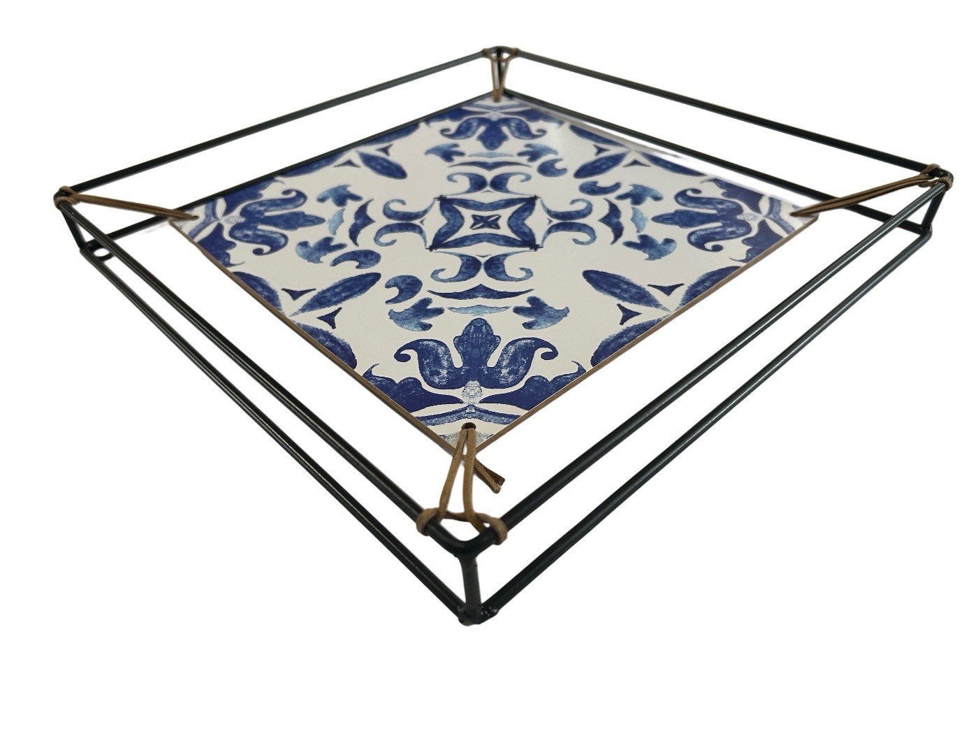 Blue White Tile Pattern Wall Art Ceramic Look Print Modern Black Metal Frame 11”