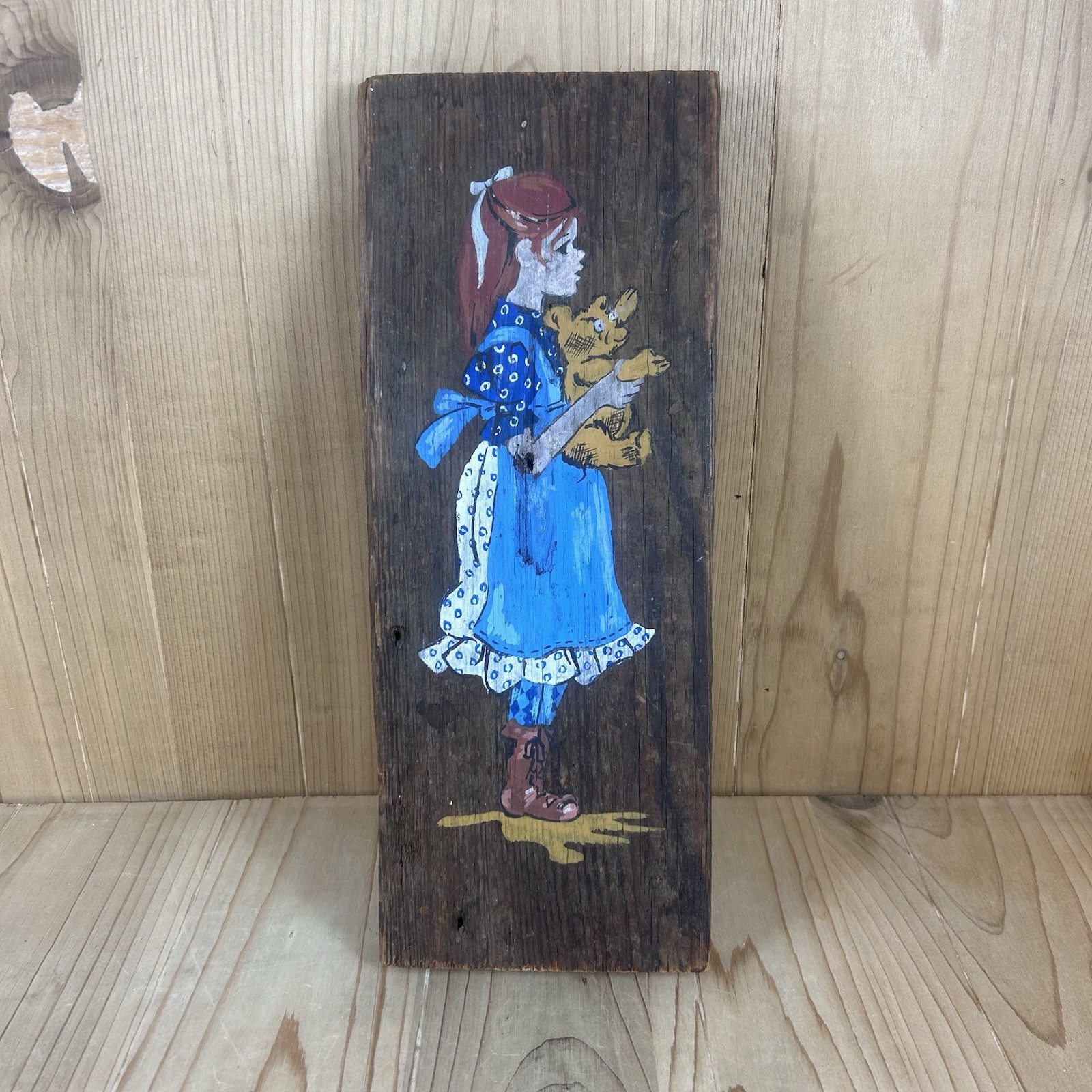 Vintage Barn Wood Art Hand Painted Girl With Teddy Bear 13×5 In
