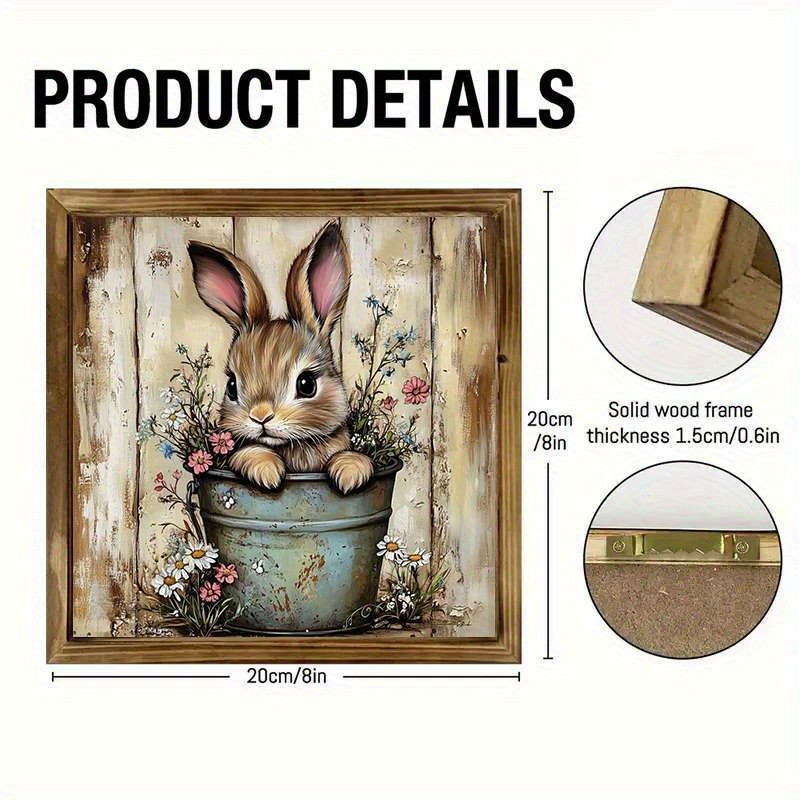 Easter Bunny In Floral Bucket Wooden Plaque Rustic Spring Holiday Wall Decor