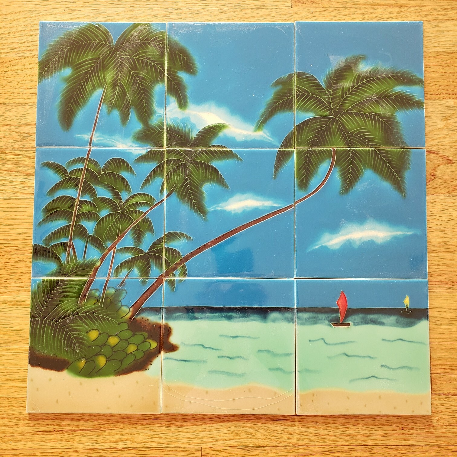 Ceramic Tile Mosaic Table Top Arts & Crafts Tropical Scene Trivet Set