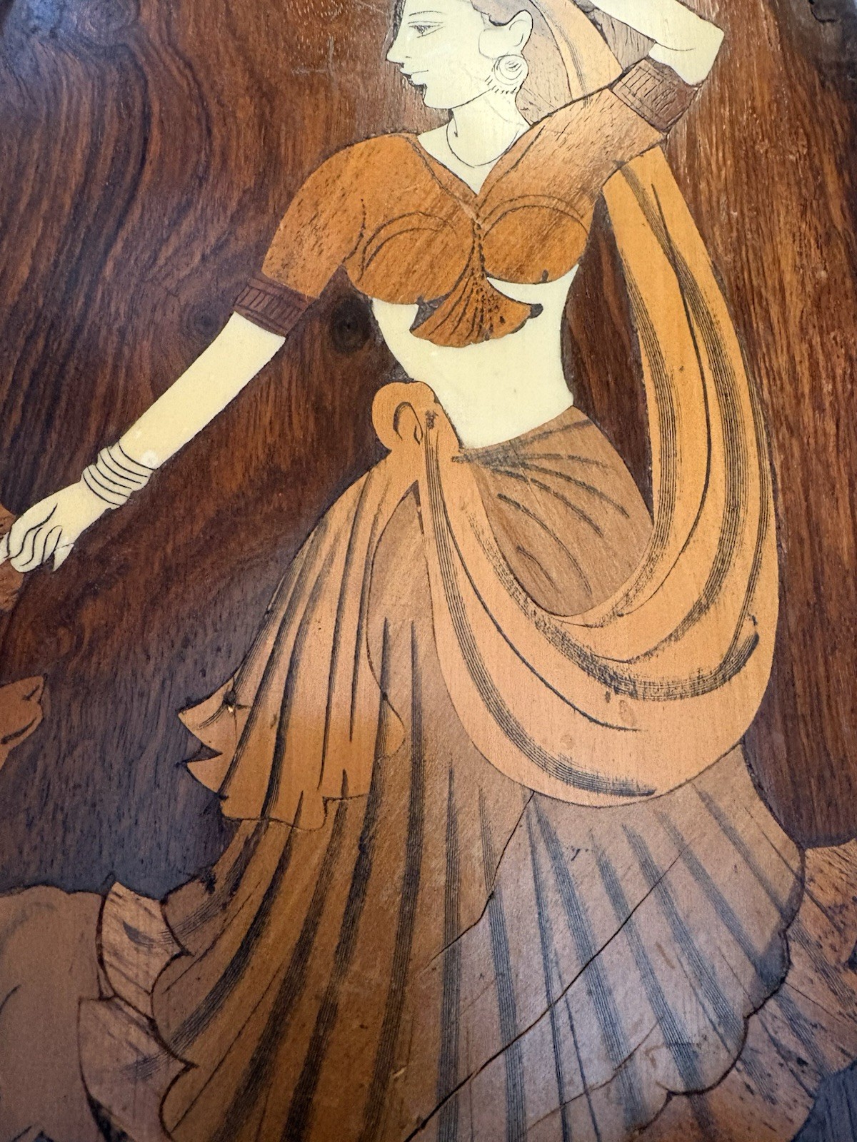 Vintage Indian Handcrafted Wood Inlay Wall Plaque Woman Deer 16” X 7” Boho Decor