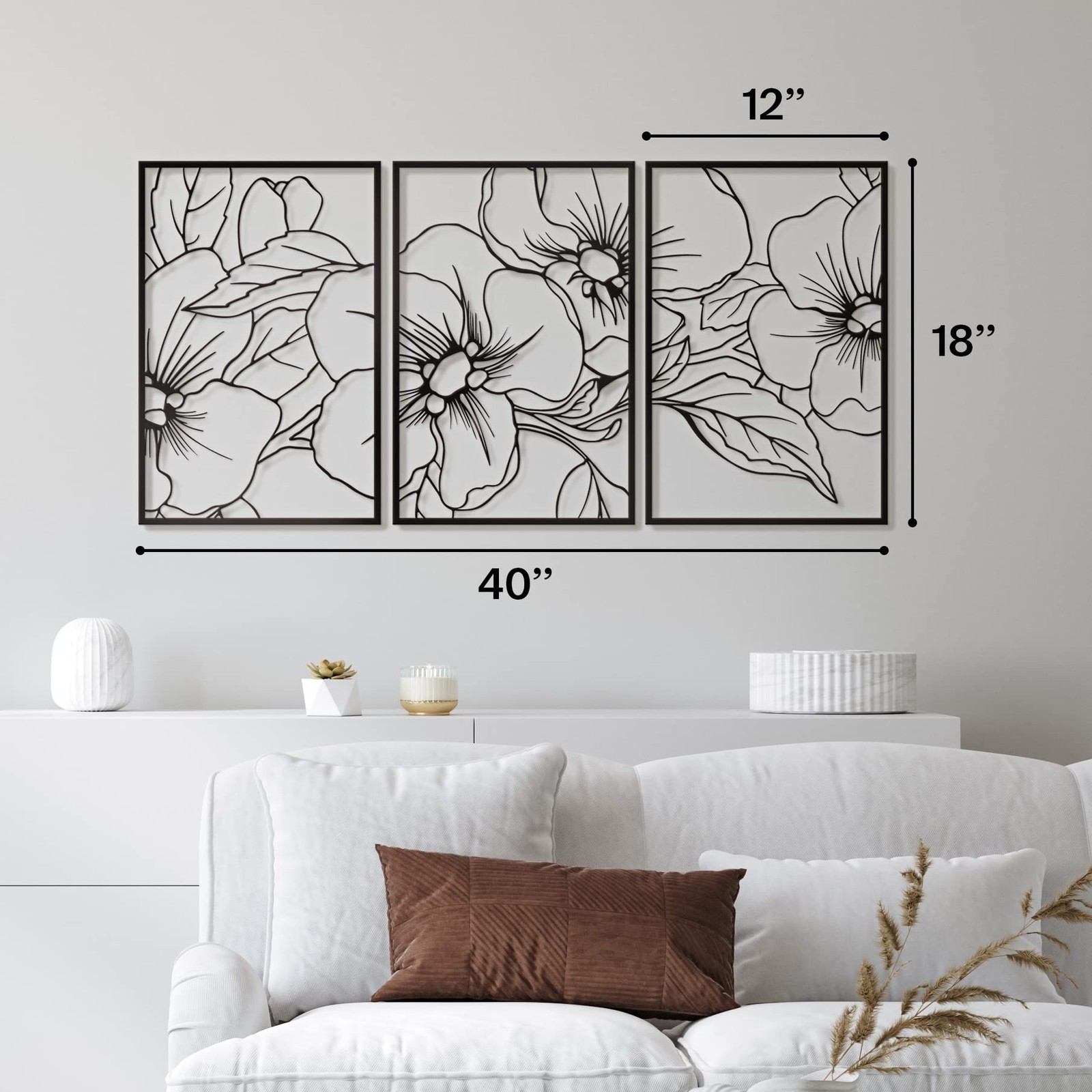 3 PCS Black Minimalist Floral Single Line Metal Wall Art 18×12 Inch Pot