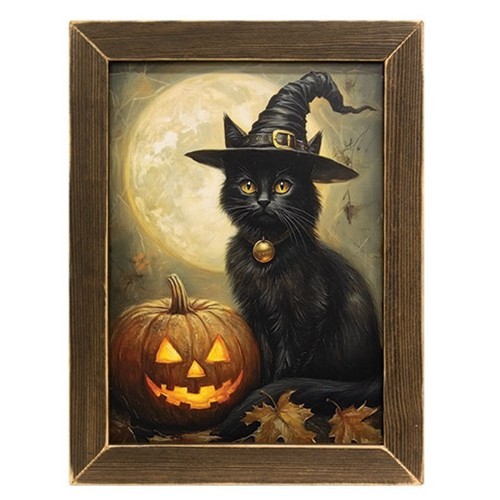 Primitive Rustic HALLOWEEN BLACK CAT PICTURE Black Framed Wall Hanging