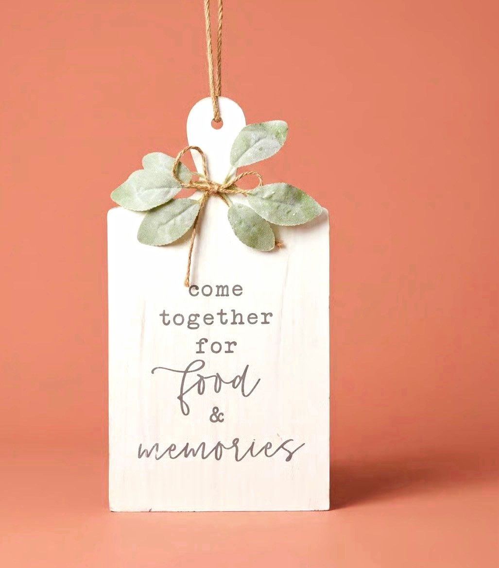 Shabby Chic White/Gray/Green Wood Hanging Tag Plaque “Food & Memories”