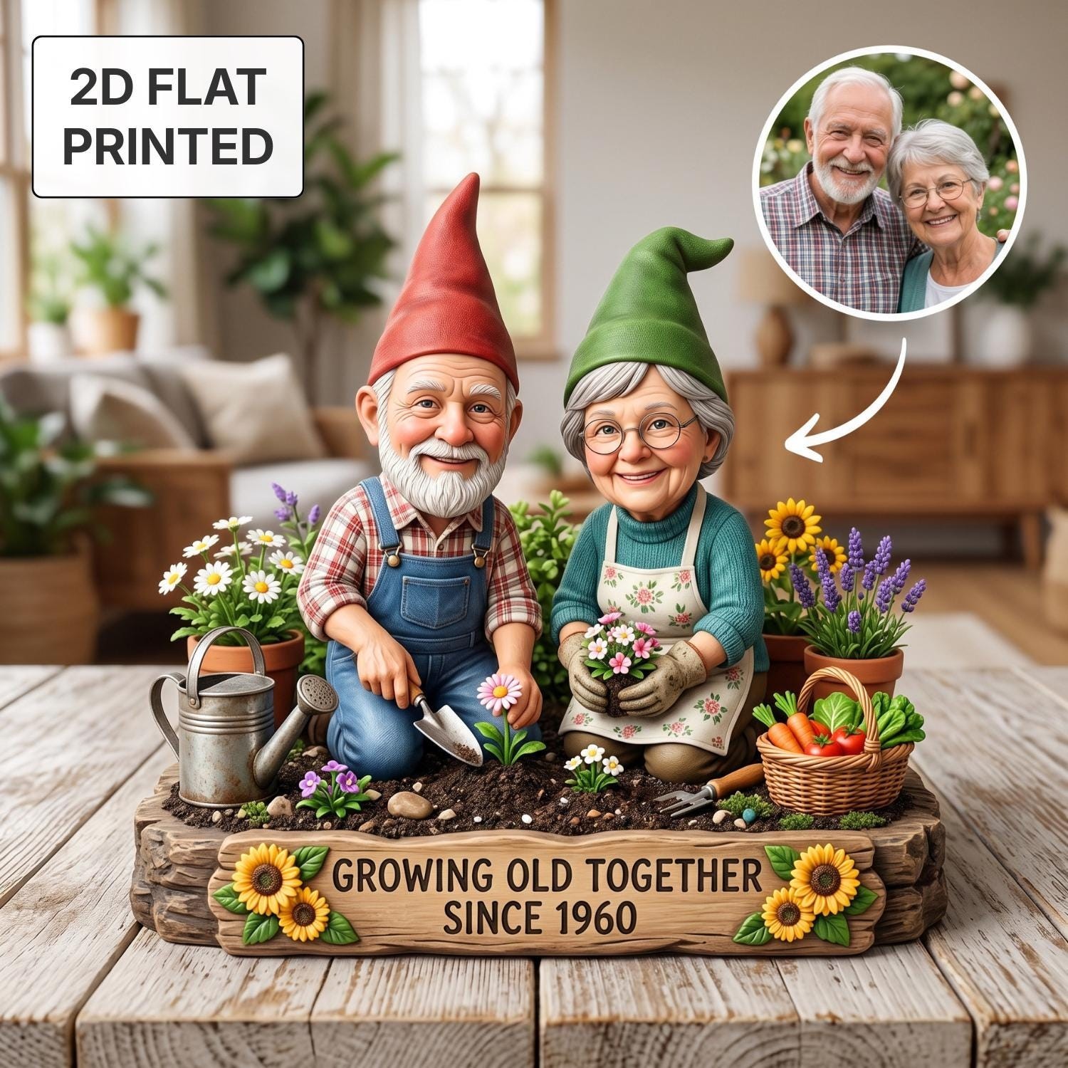 Custom Photo Grandparents Garden Gnome 2D Flat Wooden Block Planting Together