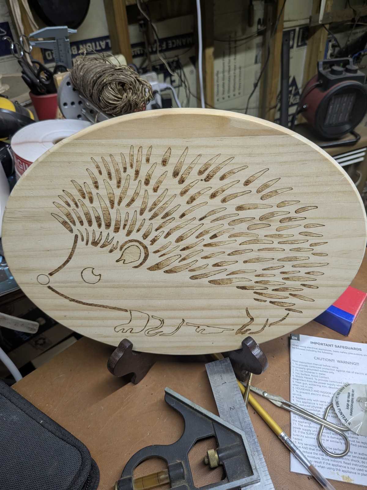 Handmade Engraved Wood Hedgehog Oval Plaque, Country Style Decor, Beige