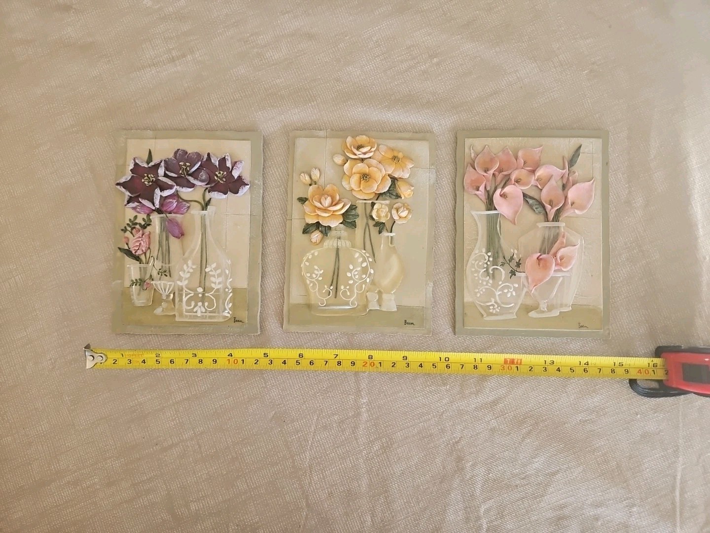 Set of 3 Vtg. Boem 3D Floral in Acrylics Vases on Wall Plaques 6-1/4″ x 4-1/2″