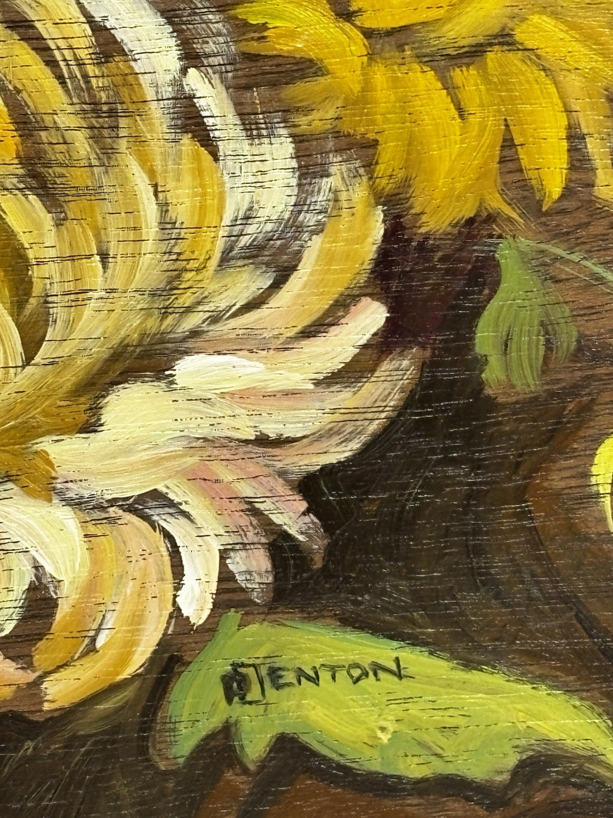 2 Hand Painted Floral Wood Wall Hanging Plaques, Yellow Flowers, Brown